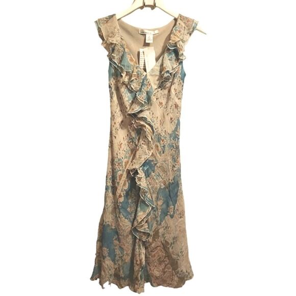 NWT David Warren Chiffon Dress Womens Teal & Cream Floral Lined Ruffle V-Neck - Picture 1 of 7